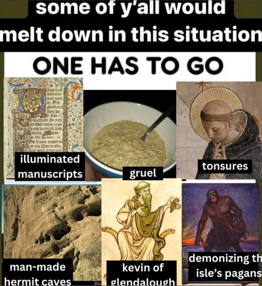 meme titled "some of y'all would melt down in this situation" with six labeled illustrations: illuminated manuscripts, gruel, tonsures, man-made hermit caves, kevin of glendalough, and demonizing the isle's pagans.