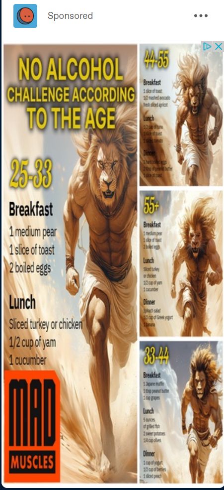ad showing NO ALCOHOL CHALLENGE ACCORDING TO THE AGE and it's 4 pics of anthropomorphic lions with breakfast/lunch/dinner foods