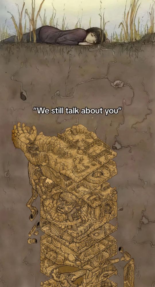 "We still talk about you" meme.  The girl is on the ground with her ear to the earth.  Far underground is the map of the Endless Paths of Od Nua from Pillars of Eternity.