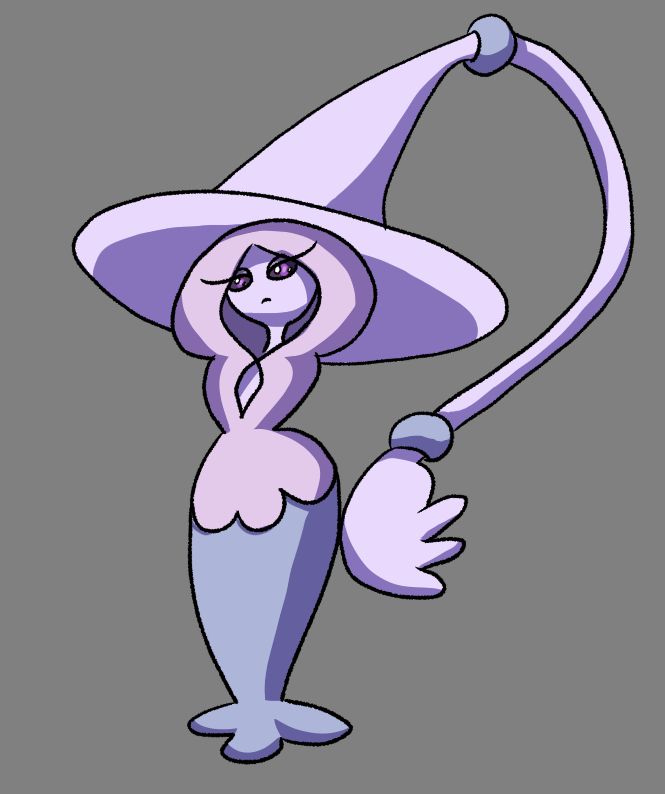 Drawing of hatterene from memory. It is pale pink with the base of its hair in periwinkle. It has an extra bead where the pointy hat turns to a long tendril, and has long eyelashes overlapping its hair.