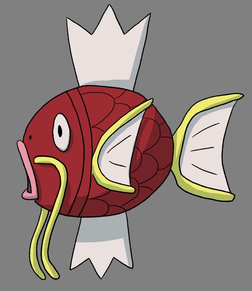 Drawing of Magikarp. Its eyes are vertically elongated. The dorsal and ventral fins are white instead of yellow. The pectoral and caudal fines are slightly off, and framed in yellow rather than scarlet. This magikarp is also a fairly dark red, instead of a lighter orange tone.