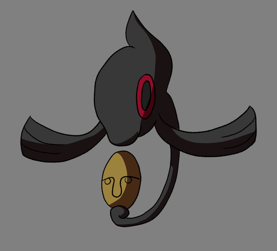 Drawing of yamask. The mask it holds is missing a mouth, and its fingers are not curled in. The head and eye are slightly inaccurate shapes.