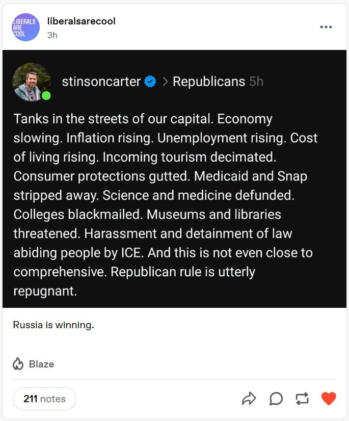 Tanks in the streets of our capital. Economy slowing. Inflation rising. Unemployment rising. Cost of living rising. Incoming tourism decimated. Consumer protections gutted. Medicaid and Snap stripped away. Science and medicine defunded. Colleges blackmailed. Museums and libraries threatened. Harassment and detainment of law abiding people by ICE. And this is not even close to comprehensive. Republican rule is utterly repugnant.