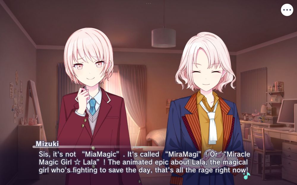 Middle school Mizuki with a bit awkward smile (probably internalized pain I felt u girl but glad u always fangirlied so confidently) saying "Sis, it's not 'MiaMagic'. It's called 'MiraMagi'! Or 'Miracle Magic Girl☆Lala'! The animated epic about Lala, the magical girl who's fighting to save the day, that's all the rage right now!"