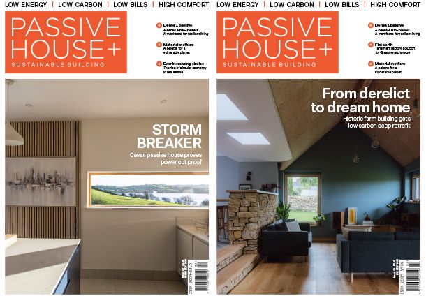Magazine covers for Passive House Plus magazine, showing a kitchen interior, and a living room interior