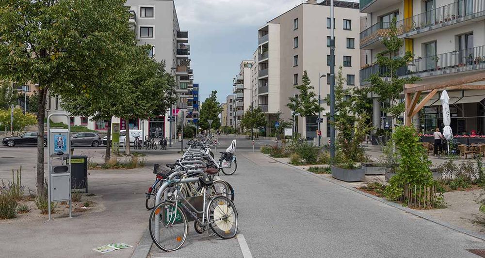 Picture shows a people-first street in Vienna’s Seestadt. Plenty of bikes and no cars.