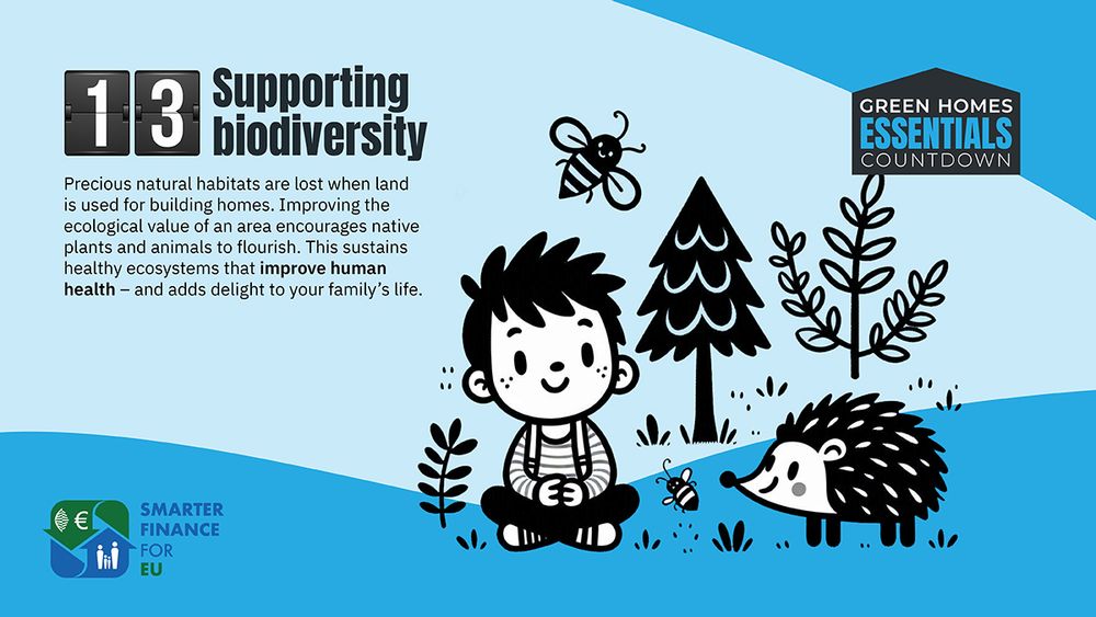 Illustration promoting green homes and supporting biodiversity. The image features a child sitting outdoors with a hedgehog and a bee nearby, surrounded by trees and plants. Text reads: 'Supporting biodiversity. Precious natural habitats are lost when land is used for building homes. Improving the ecological value of an area encourages native plants and animals to flourish. This sustains healthy ecosystems that improve human health and adds delight to your family's life.' The image is part of the 'Green Homes Essentials Countdown' campaign by Smarter Finance for EU.