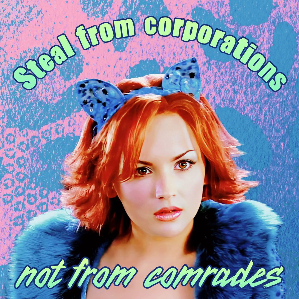 Image shows an angry Josie McCoy (Josie and the Pussycats film) wearing blue cat ears and a blue fluffy jacket. Text says “steal from corporations, not from comrades.”