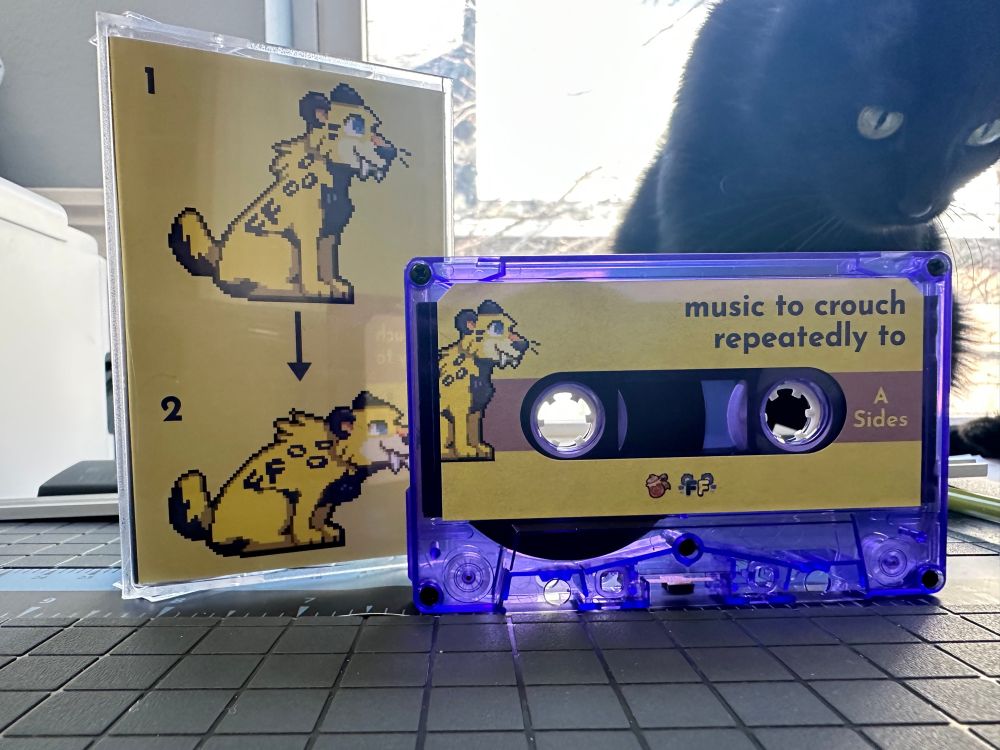 A purple cassette labeled “music to crouch repeatedly to”