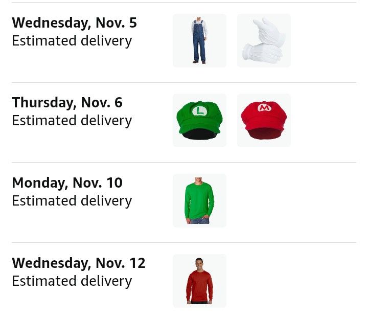 A pic of overalls, two shirts one red one green, two hats one red with an M one green with an L and a pair of white gloves