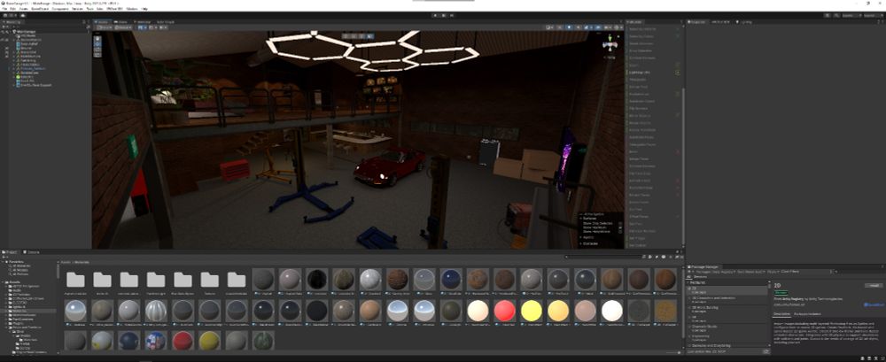 An image of the UNITY Editor showing an incomplete build of a virtual garage for VRChat
