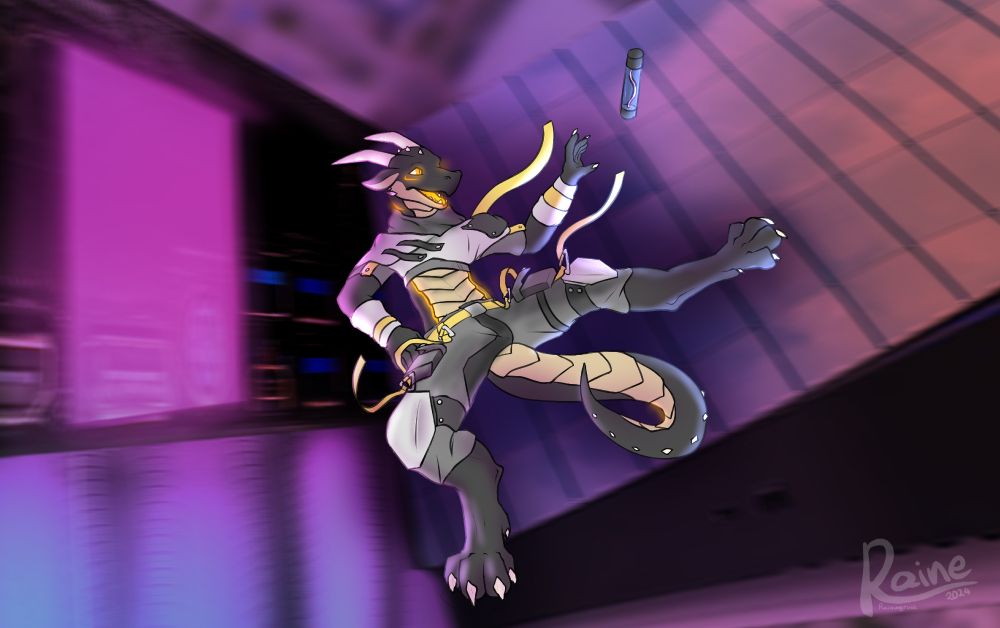 digital art piece of a dragon dressed in tech-wear falling in a cyberpunk styled city, reaching out for a vial of something