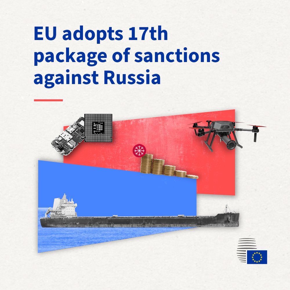 A collage containing a drone, a microchip, a vessel and piles of coins. The text on the visual reads ‘EU adopts 17th package of sanctions against Russia’.