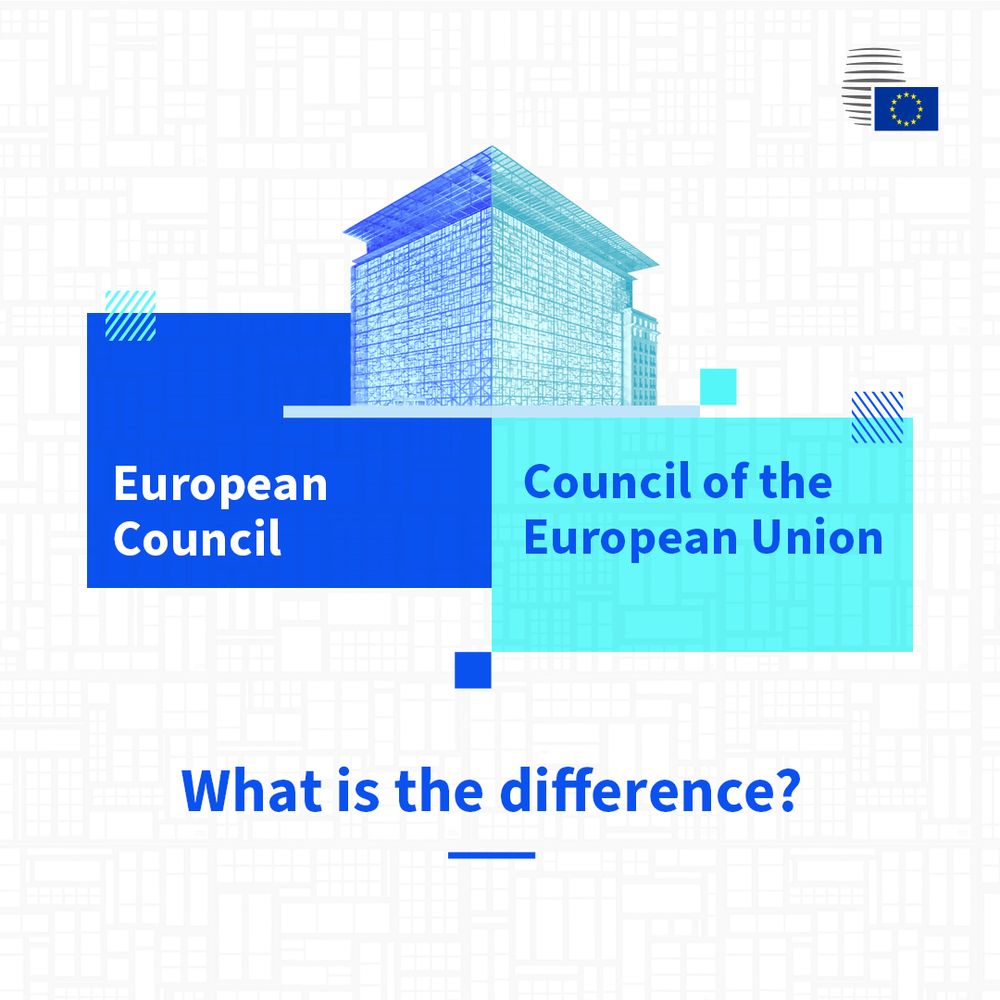 The background shows the Europa building. On the left, a dark blue box labeled 'European Council'; on the right, a light blue box labeled 'Council of the European Union'. At the bottom, the question 'What is the difference?' is written in bold blue text. The Council logo is in the top right corner.