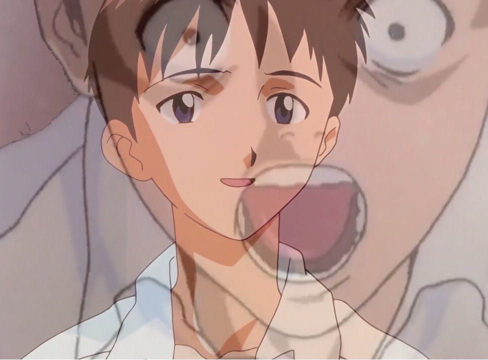 image edit of shinji ikari from evangelion smiling and looking forward. There is another image of shinji ikari overlapped partially over the main image. It is an image of shinji's face zoomed in with his mouth and eyes wide open screaming