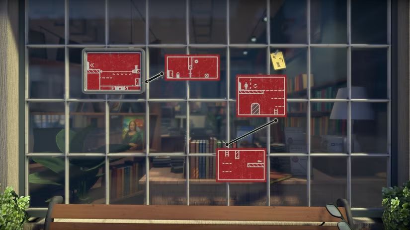 Screenshot of The Pedestrian video game: Downtown City Level, Red Panel Puzzle, in a window in front of a bookstore, featuring bookshelves and a portrait resembling the Mona Lisa.