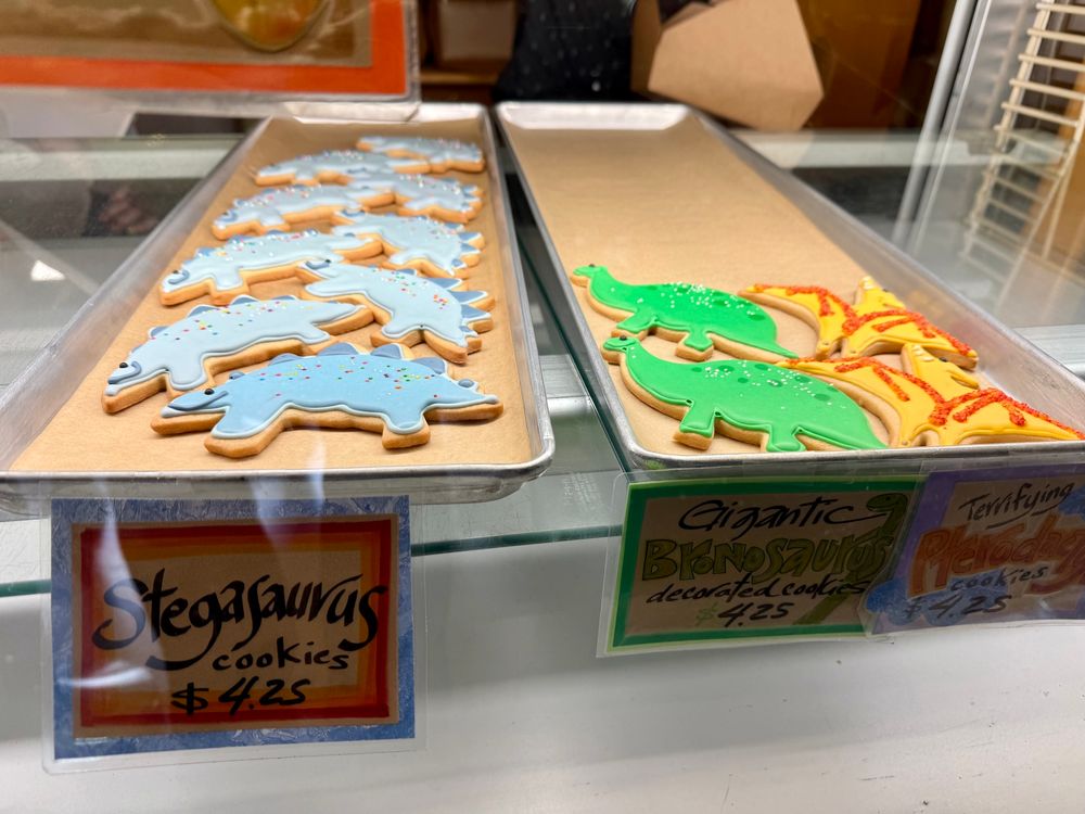 Dinosaur cookies in the store and then at home.