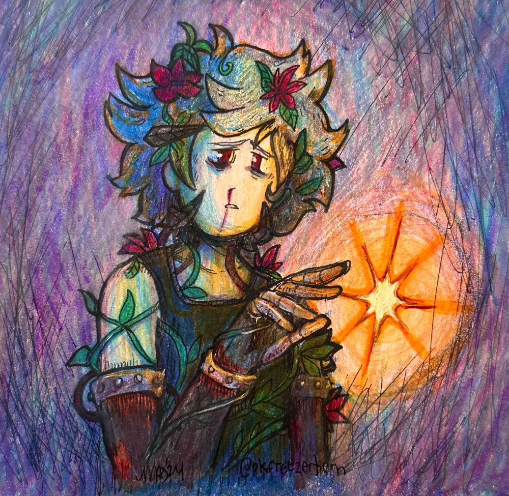 Drawing of Sabitsuki from dot flow in a dark room with the robot and plant effects reaching towards an orange star
