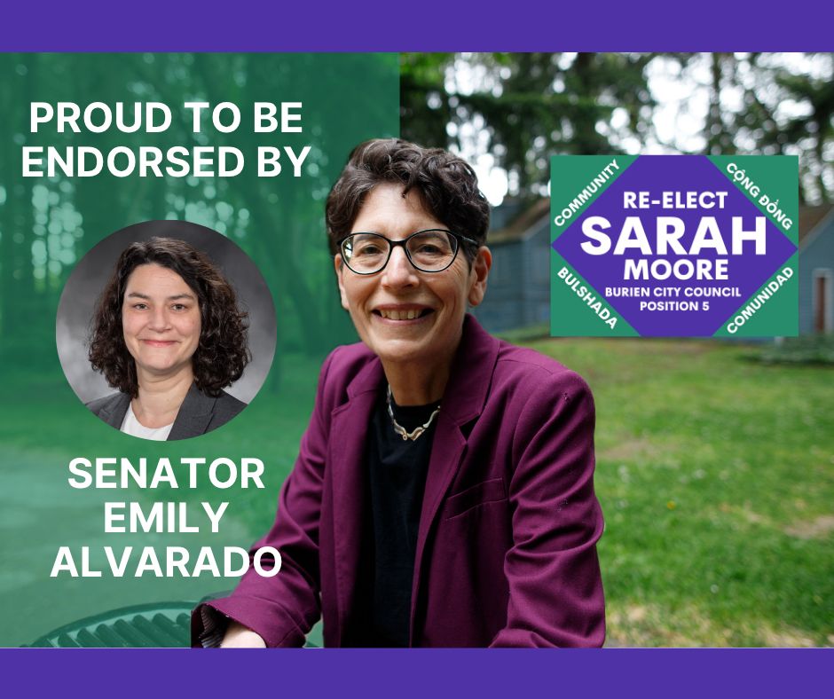 Sarah's endorsement graphic with a photo of Senator Emily Alvarado. 