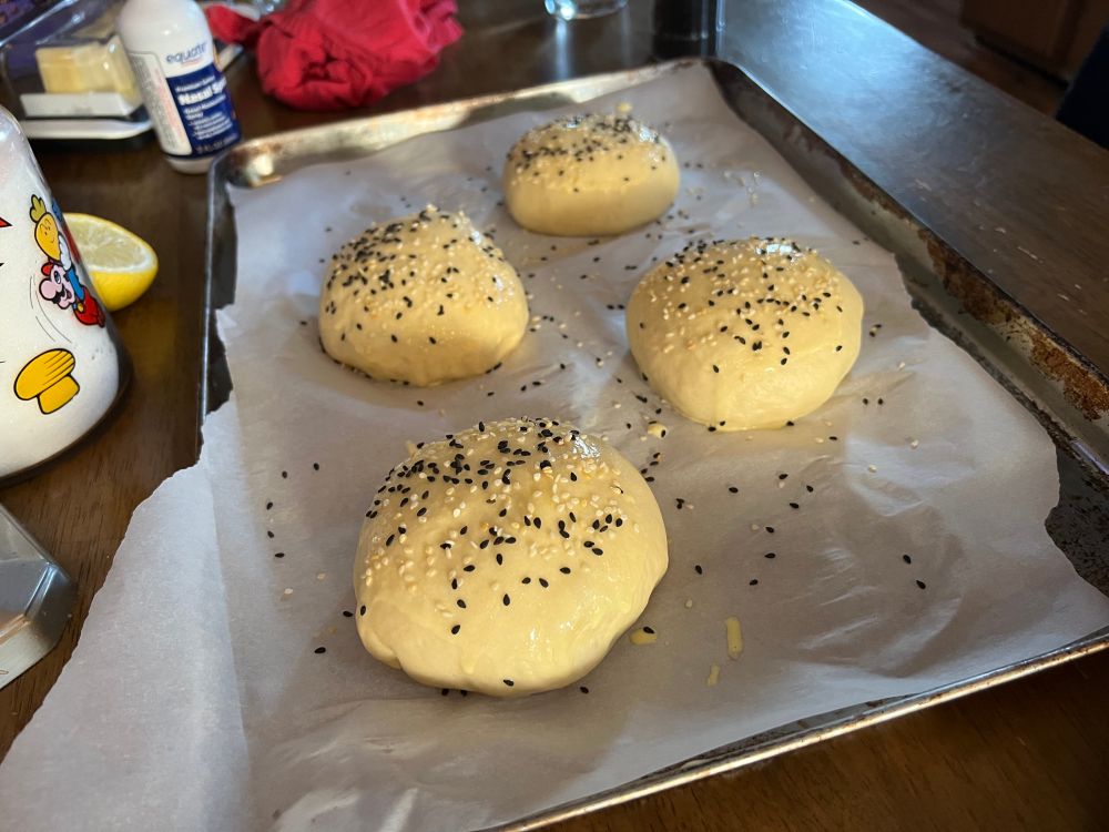 Uncooked buns washed and sprinkled with seasame seeds 