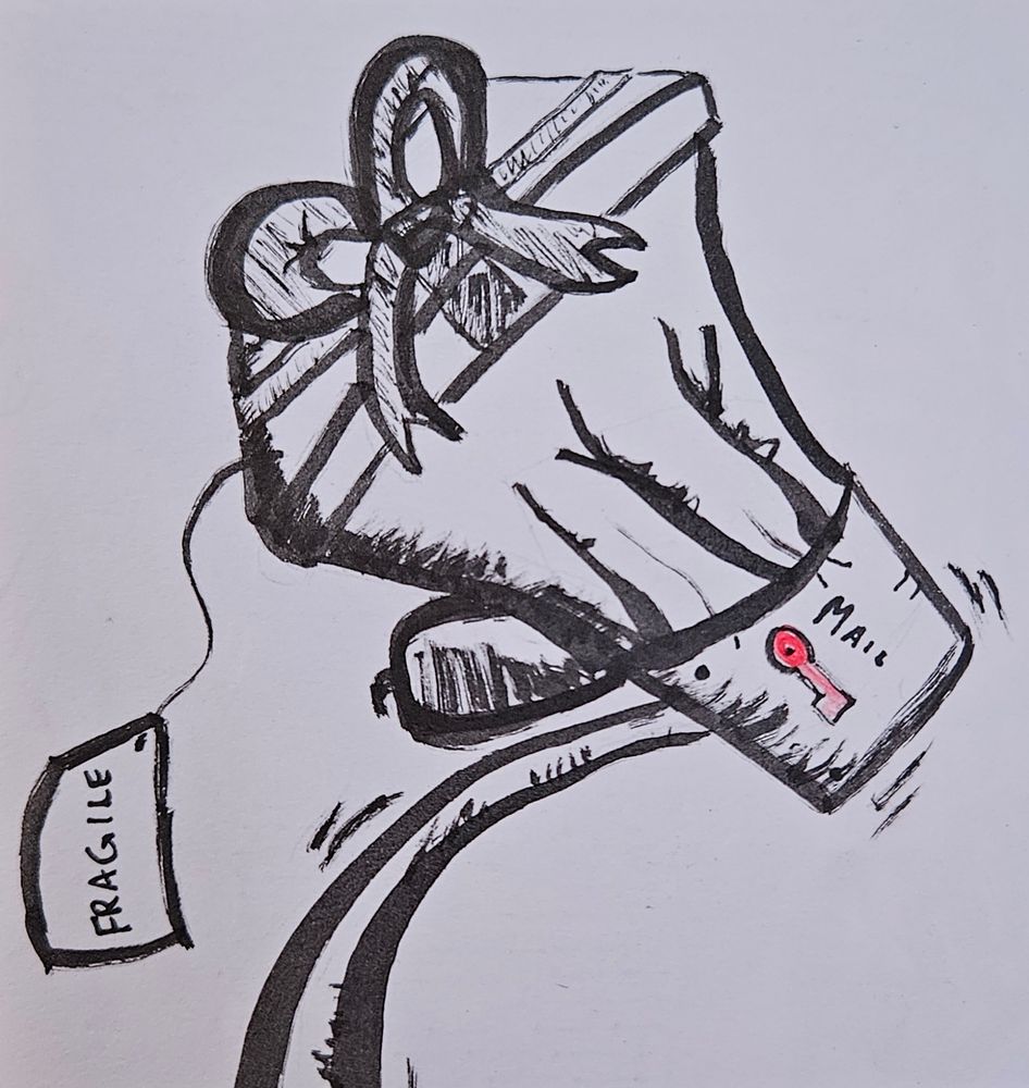 Drawing of a gift box comically stuffed in a mailbox