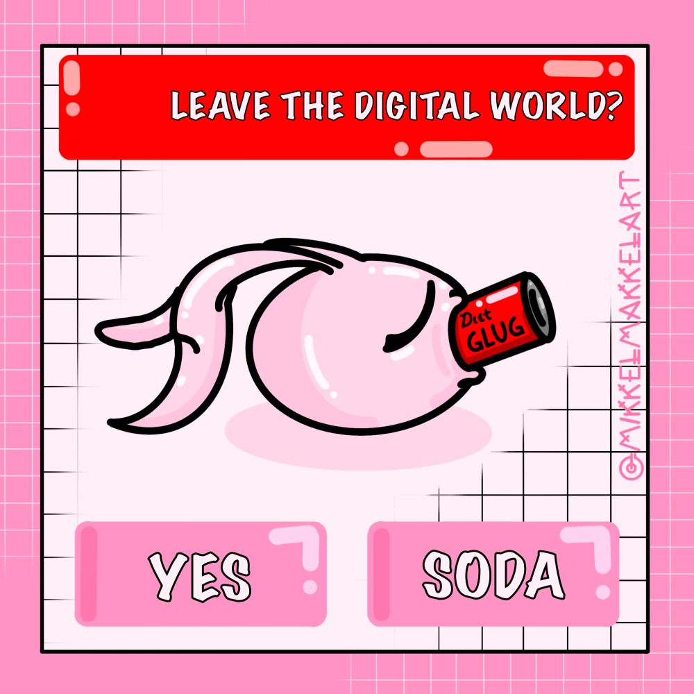 Koromon drinks diet glug. Image looks like an alert box. Text asks leave the digital world? Answer boxes are yes and soda
