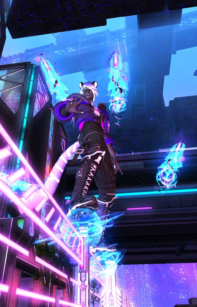 A screenshot from the game Final Fantasy XIV.  A woman with feline features in a techwear outfit rail-grinds on a hard light fence on glowing orbs attached to her feet.