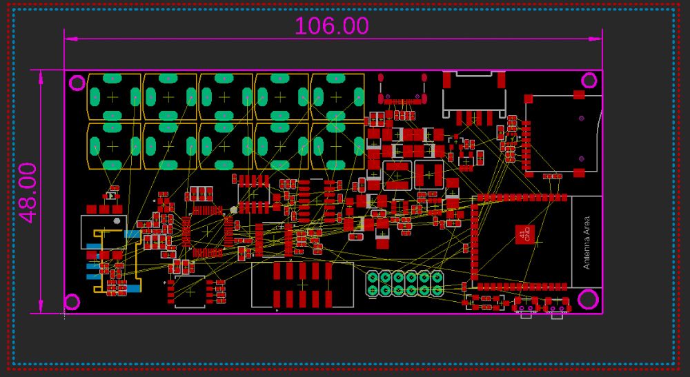 A circuit board image of a prototype AMYboard PCB layout