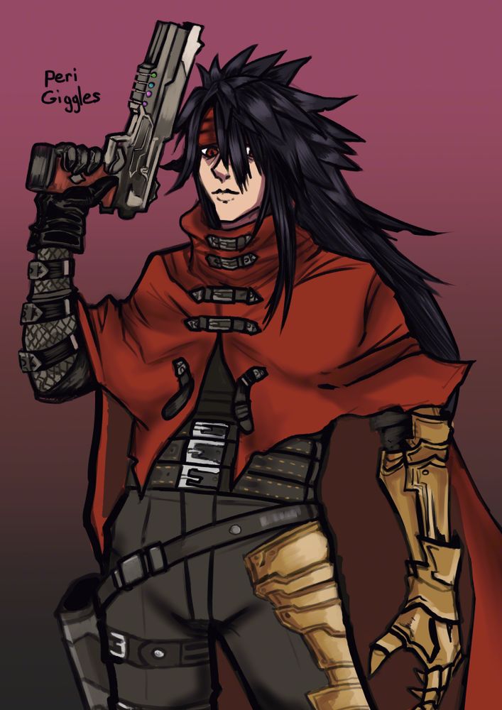 drawing of Vincent Valentine from FF7,  with his weapon drawn and staring down.