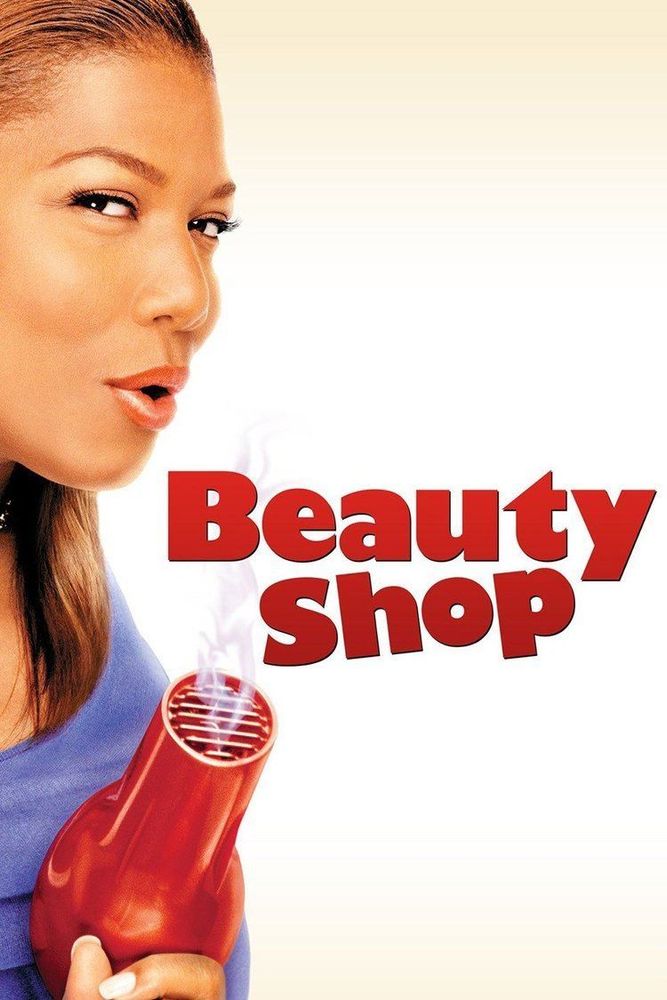 Queen Latifa blowing on a smoking hair dryer next to the title text "Beauty Shop".