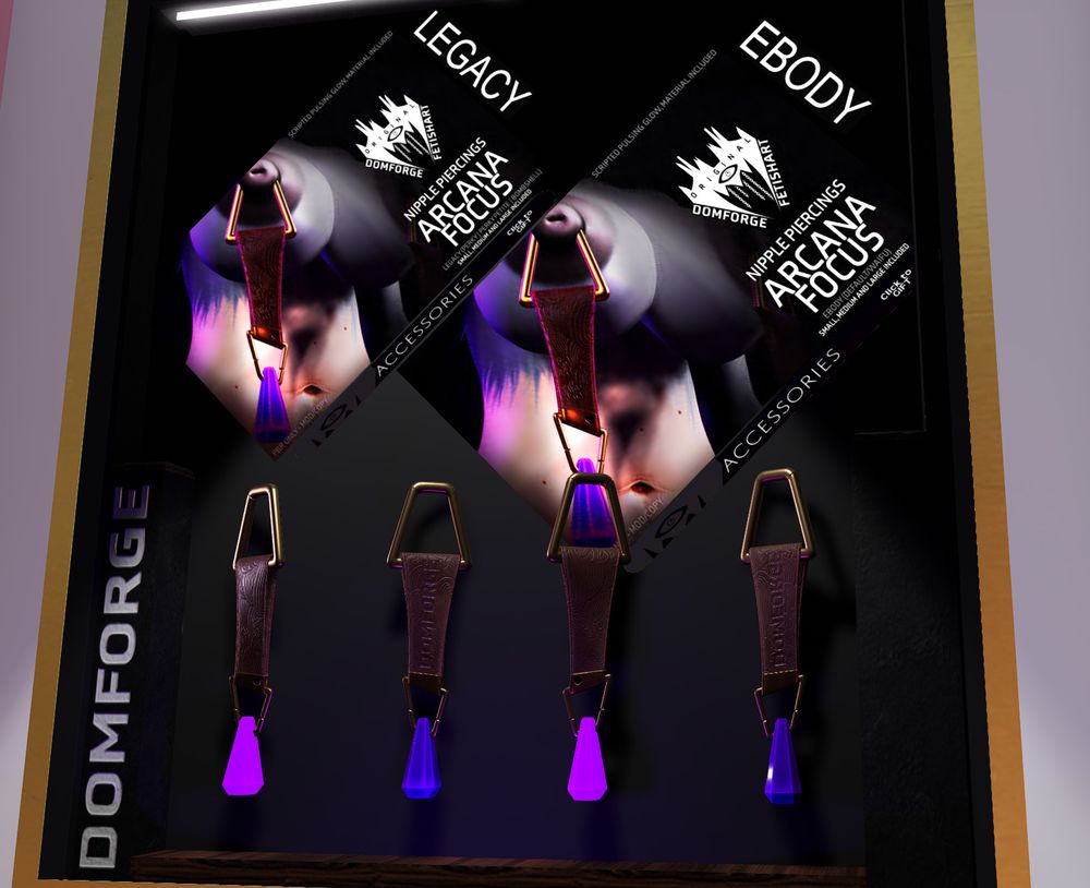 Image showing a stall at Kawaii Secrets event in Second Life - this particlar stall shows a rather ornate set of nipple piercings with decorative leather tipped by a large gem!
