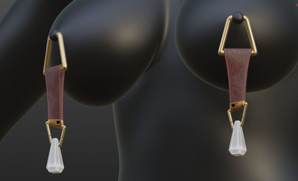 A pair of nipple piercings, two leather straps and another golden hoop hold a small gem at the bottom.

The leather strap adorns a 'waves' sort of pattern that's been imprinted into it.