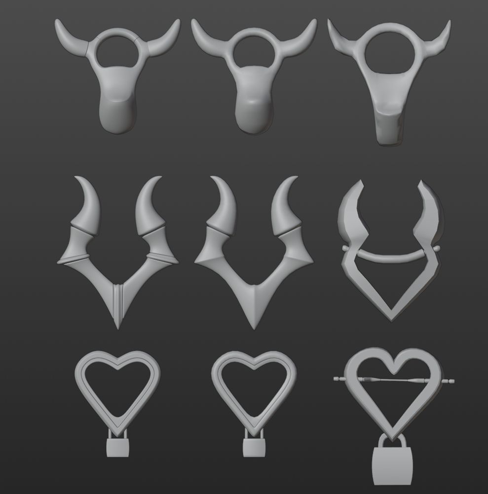 A set of piercings, from top left to bottom right:

- Cow Nipple Piercing (like a pull tap kinda thing with cow horns) [HIGH POLY]
- Ditto but low poly!
- The old one, really kinda pokey and crappy honestly (old work as ever)

- Next row, we have the high poly Demonic piercing, it's a lil spikey kinda heart shape that's missing the middle top of the heart - it also has bigger, curly horny.
- ditto but lowpoly!
- the old version, just a simple heart shape with integrated horn shapes, not quite as detailed.

- Last row, we have an actual heart shape with a lock through a thickened part of the bottom, it has an inner heart and an outer heart shape, both hollow and fairly thin.

- Ditto but lowpoly! See a pattern here?

- The old version, a heart shape with a lock through the bottom, though the lock is kinda huge - it also has a rod installed through the middle for attaching to a nipple.
