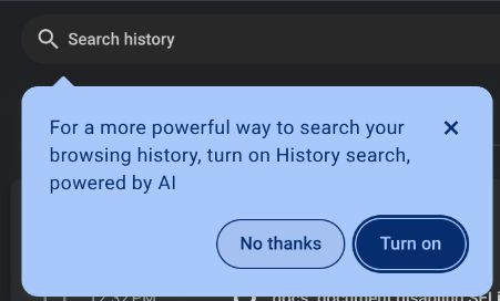 A prompt that asks if I want to enable AI for searching my browser history.