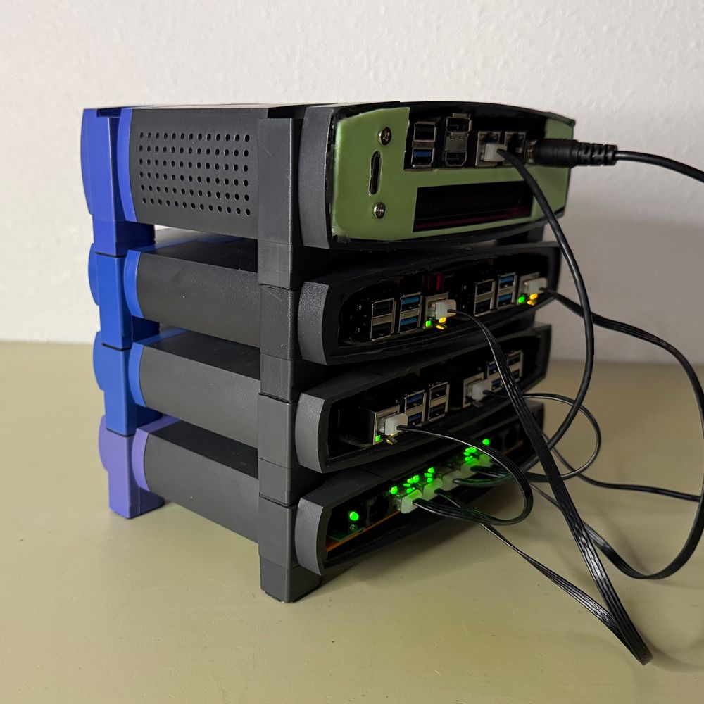 A stack of router cases pictured from behind with multiple network, cables and green lights