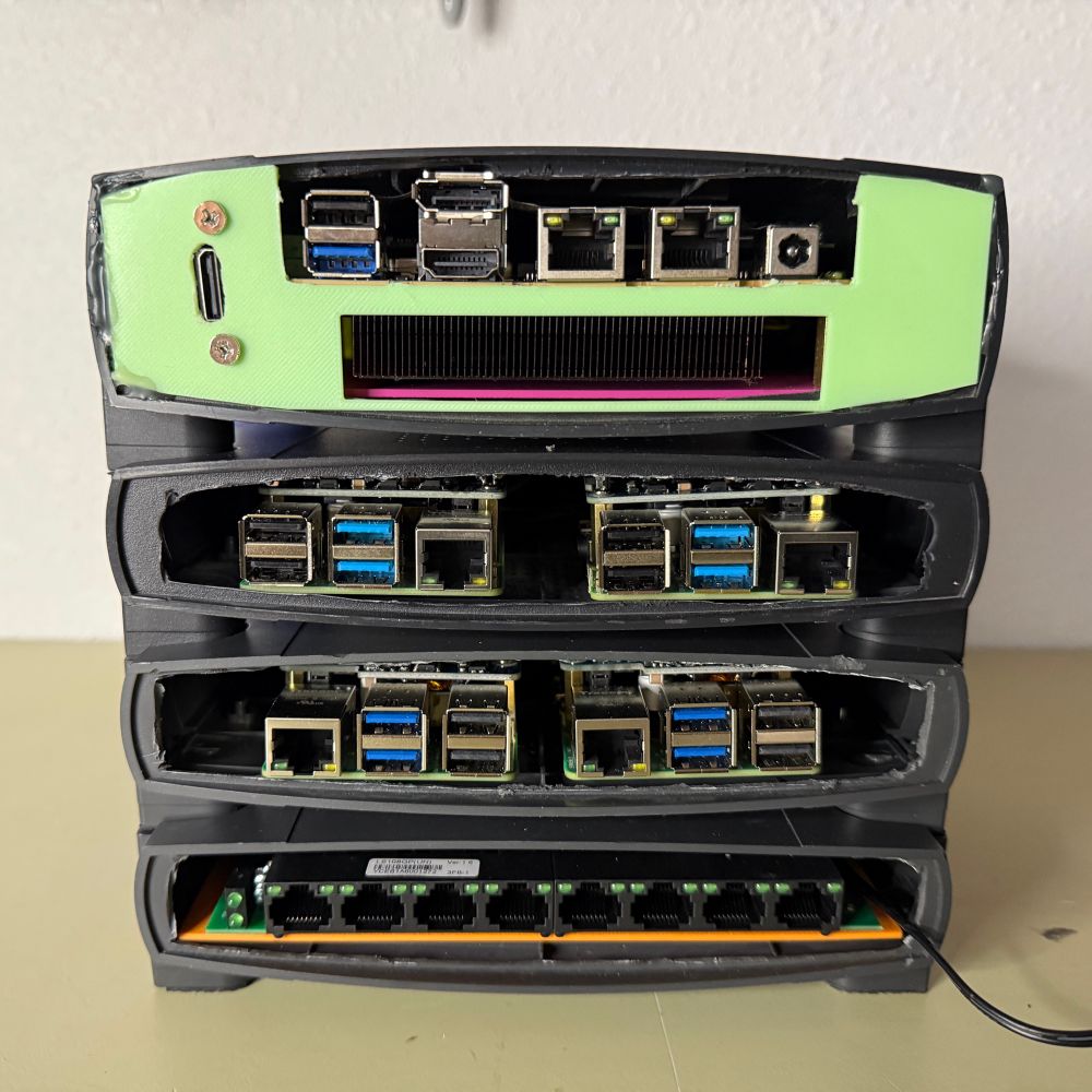 A picture of router cases with open backs showing computer components in each case