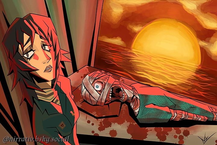 Fan art of Mouthwashing. Curly, maimed, bloodied, and wrapped in soaked bandages, screams in agony while lying on a gurney under a beautiful red sunset. Beside him, Anya looks over her shoulder, a sad look on her face.