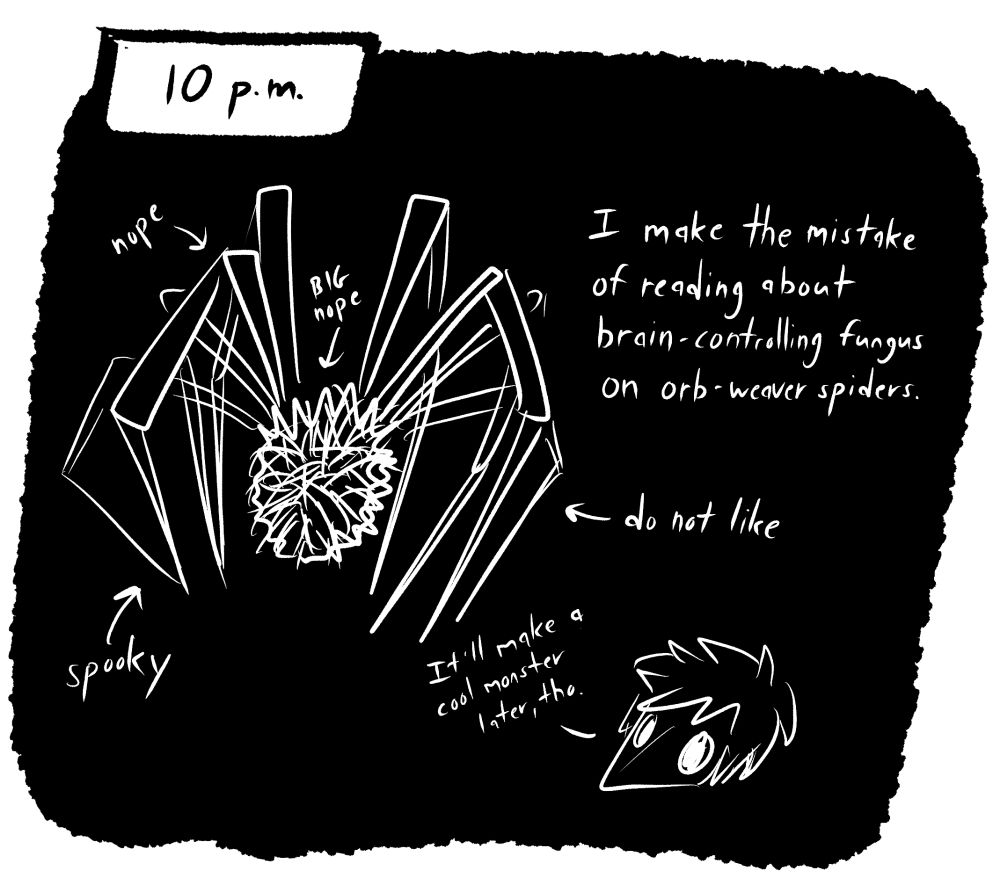 A spooky sketch of an orb weaver spider with scribbly fungus on it.