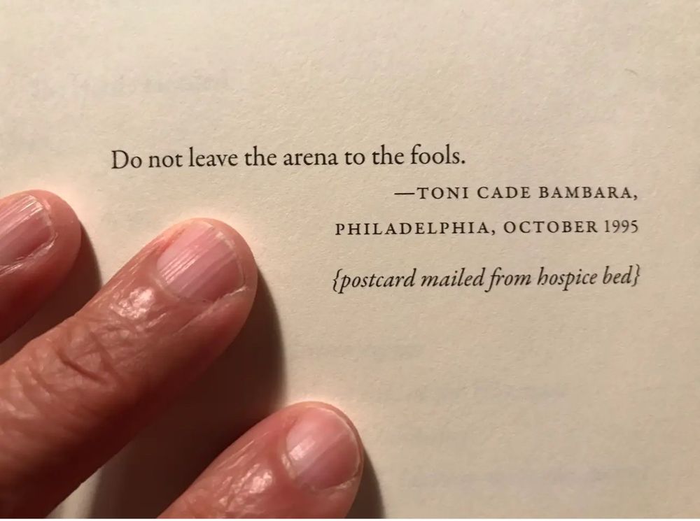 Postcard from Toni Cade Bambara stating, "Do not leave the arena to the fools."