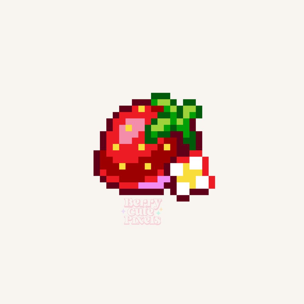 a pixel art strawberry on its side, with a small white flower next to it. Art by berrycutepixels