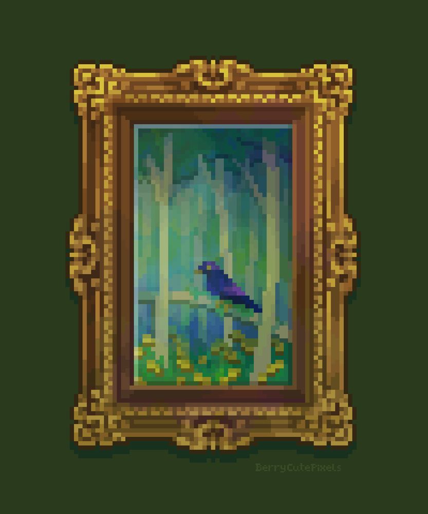 An old picture frame with a scene in the woods featuring a bird, in pixel art style. Original art by berrycutepixels