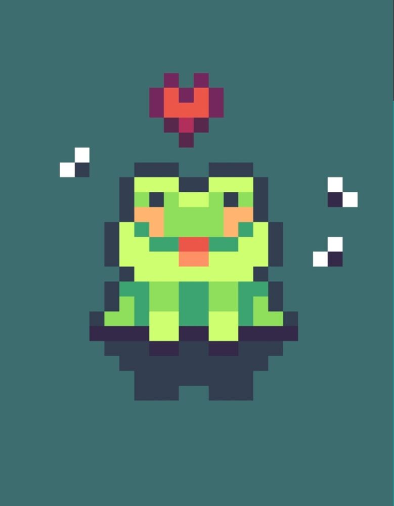 A little tiny pixel art frog with flies and a heart above it