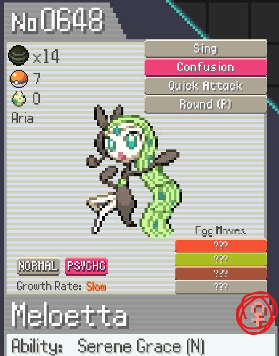 PokeRogue status page for Meloetta, depicting its gender as "Female"
