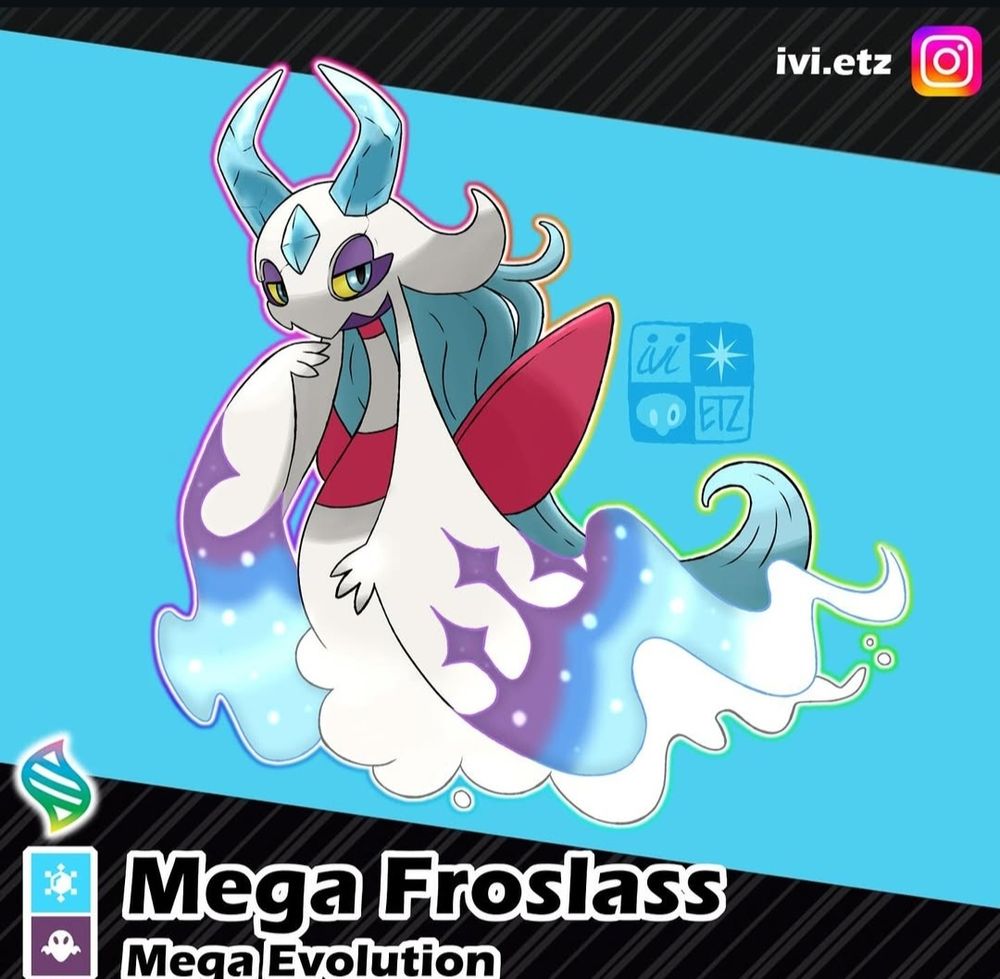 A fanart concept art of mega froslass based on credible leaks. A white robe that ends in fluffy mist, large icicle blue horns, and sleeves that ends in sparkly blue and purple waves, cyan hair, and a red Oba