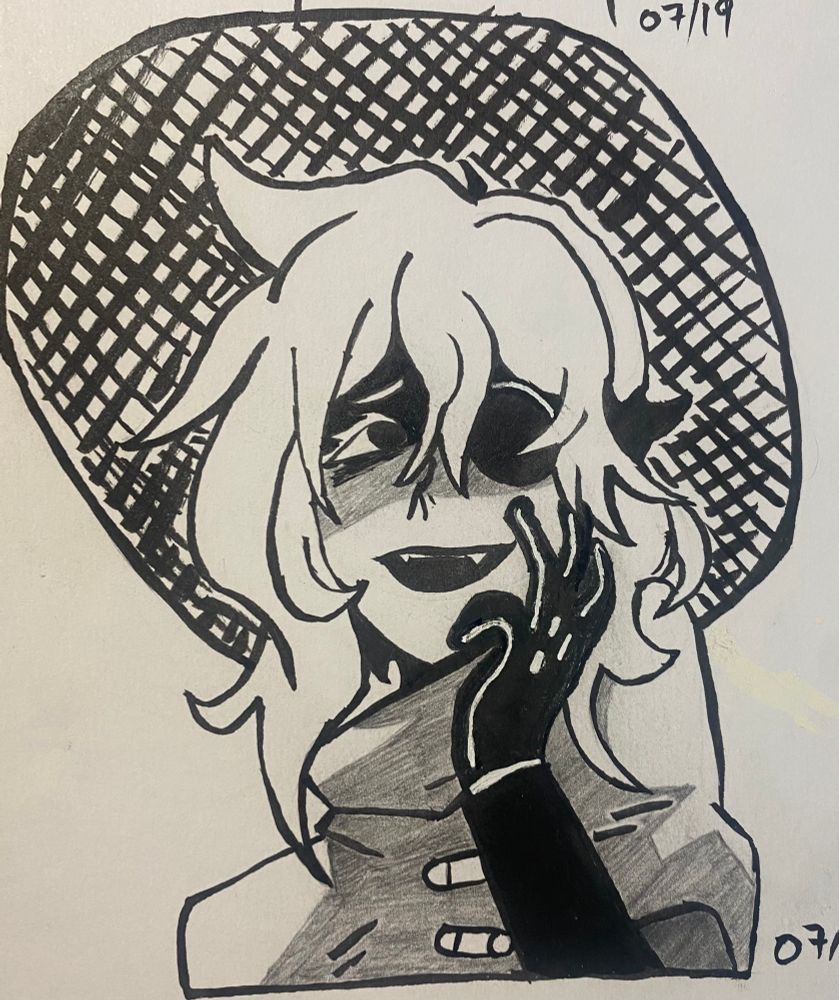 Black and white drawing of Siffrin from the game “In Stars and Time”. Siffrin is looking off to the side with their left hand resting on the left cheek with a devious and darkened expression 