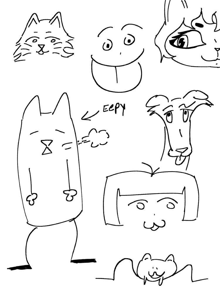 A variety of doodles including a low detail cat, high detail cat in the corner, a smiley face with their tongue out, a silly dog head, a tired long cat, a happy frog, and a curious person with a bob haircut
