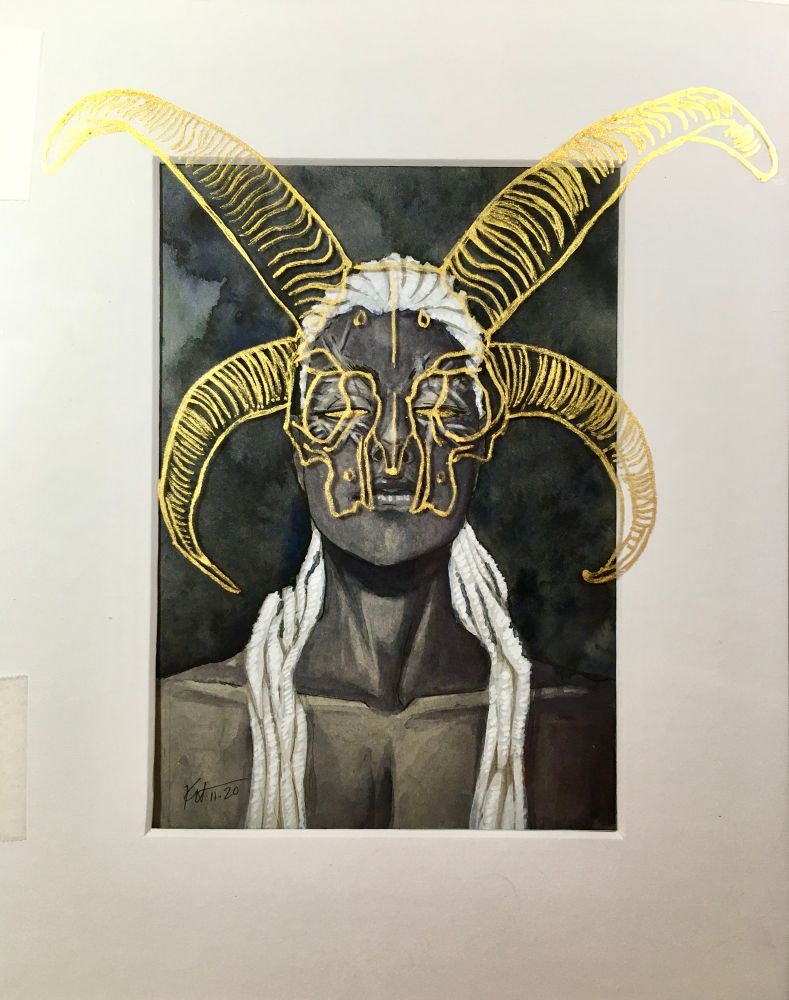 Matted ink portrait of a young man with visibly scarred golden eyes and long white dredlocks. He stares confidently out at the viewer. Floated over the painting and the mat, is the golden outline of a Jacob’s sheep skull.