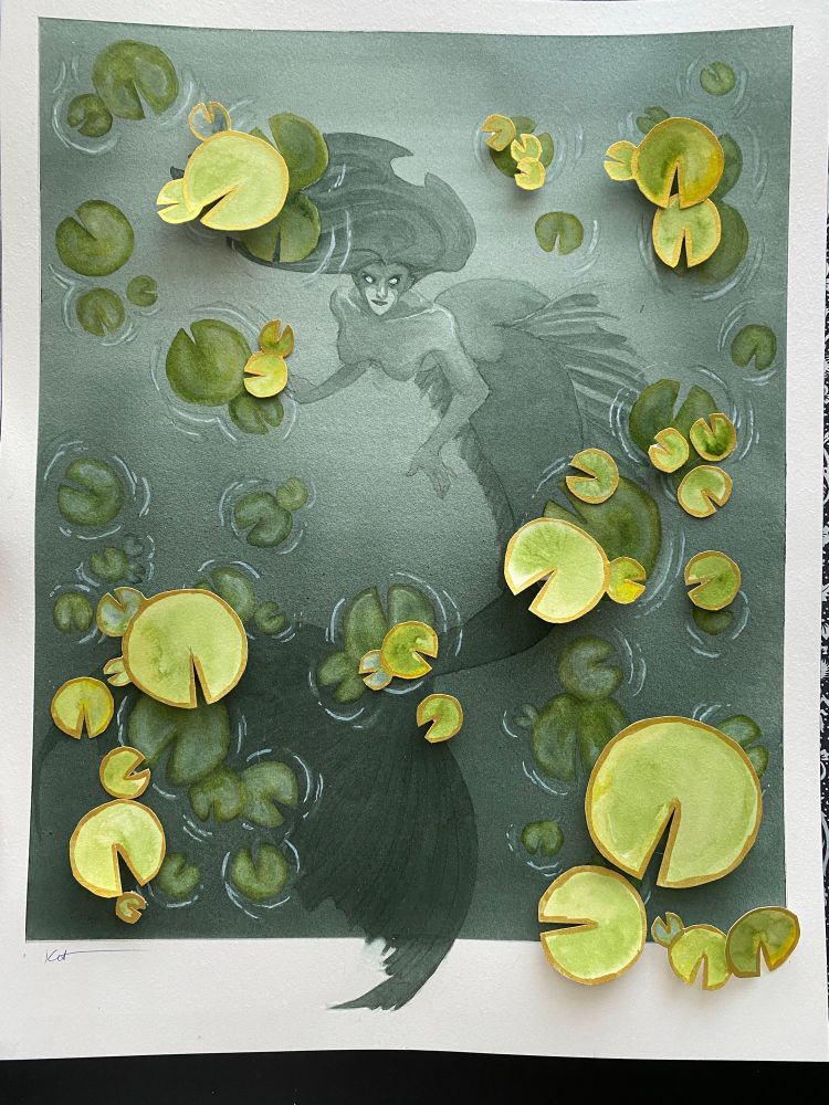Watercolor painting of a dark, murky green mermaid peering up from the depths through a scattering of 3 dimensional gilt-edged waterlilies, floated above the surface of the painting.