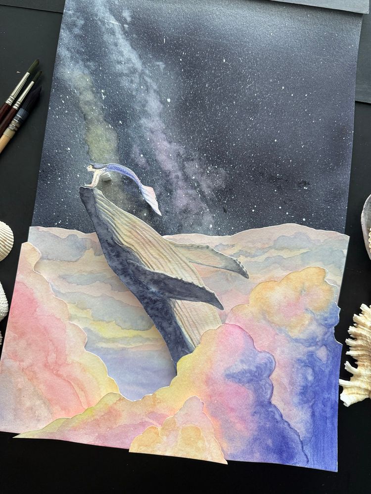 Large watercolor layered painting of a night sky background, the Milky Way ribboning across the sky, topped with individual layers of cotton candy-colored clouds. From within the cloud layers, a humpback whale breaches uptowards the night.