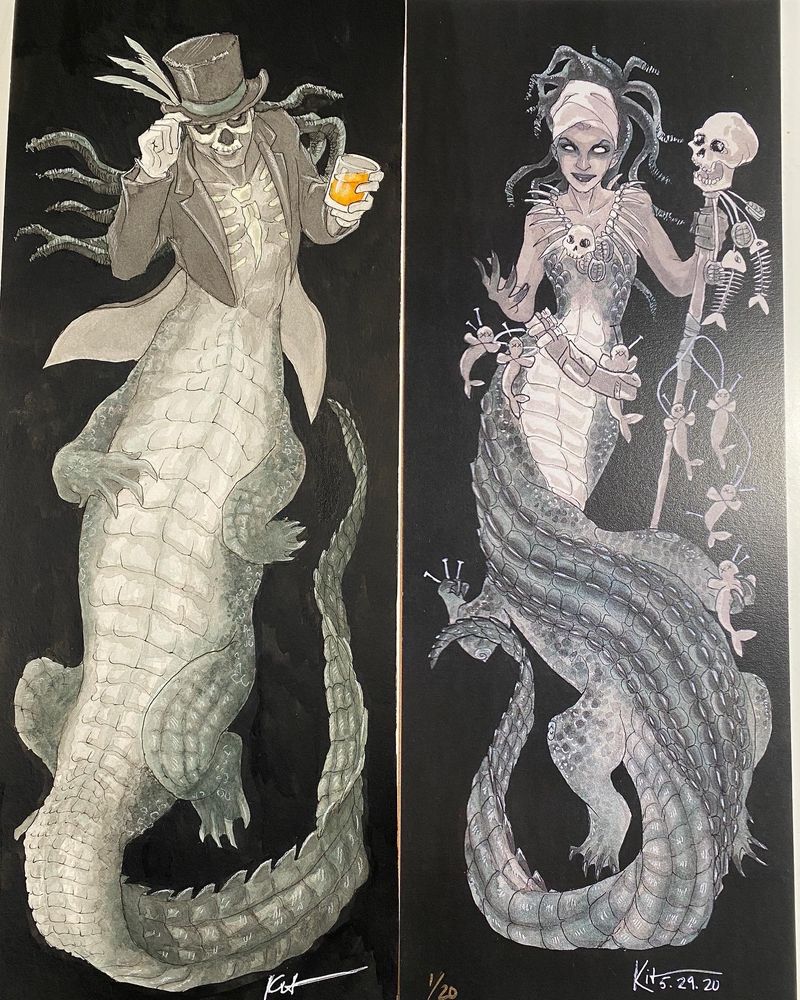 2 long, slender ink and watercolor paintings, side by side, of a pair of alligator-based merpeople. 

On the left is a character based on Baron Samedi, wearing the iconic skull face paint. He also wears a top hat, tuxedo tail coat, and white gloves. With one hand, he tips his hat to the viewer, wearing a knowing smile, with the other hand he holds a highball glass filled with a vibrant orange Sazerac cocktail.

On the right is an alligator mermaid loosely based on Marie Laveau, famed VooDoo Queen of New Orleans. She has long dredlocks held back by a white headscarf, and wears a necklace of bones. In one hand, she carries a staff topped with a human skull, with mermaid-shaped poppets stuck with pins hanging from the top.
